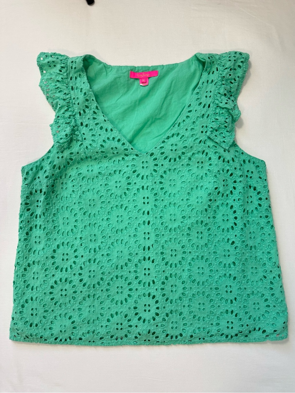 Lilly Pulitzer Lina Top Women's XL Gustavia Green  Ruffle Eyelet Vacation Boho